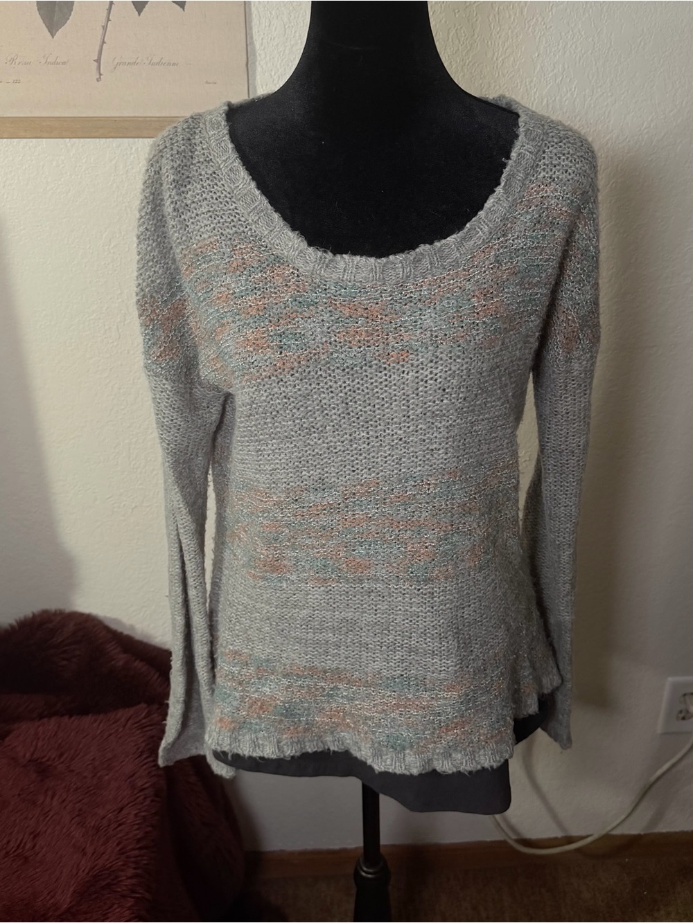 Gray Scoop Neck Sweater with Pastel Accents